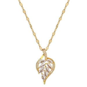 Luxurious titanium steel leaf pendant necklace with micro-set diamonds for women