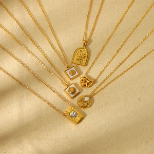 Pendant Necklace 18K Gold Plated Stainless Steel Waterproof Shell Heart Rose Palm Tree Geometric Jewelry For Women