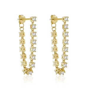 Detail view of golden S925 sterling silver chain earrings with sparkling zircon stones
