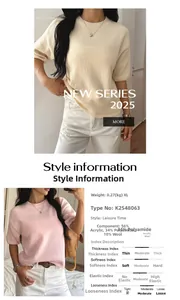 Detail view of women's round neck knit sweater with material and size specification chart