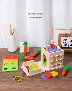 Detailed view of wooden 8-in-1 Montessori toy set with carrots and magnetic fishing game
