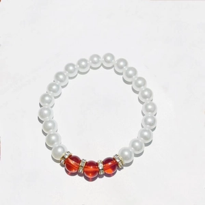 Elegant Korean style pearl necklace for women featuring white beads and red crystal accents