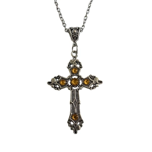 Vintage gothic cross pendant necklace with amber gemstone and antique silver finish