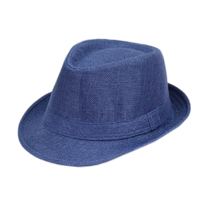 Classic dark blue woven panama fedora hat with a rolled brim for summer sun protection
