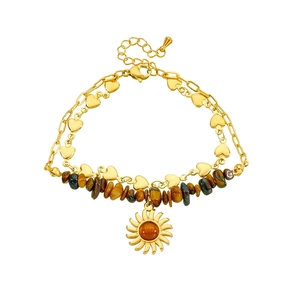 Bracelet doré double épaisseur avec perles œil de tigre, pendentif soleil et cœurs