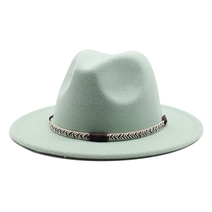 Mint green wool felt fedora hat with woven rope band and wide brim for autumn style