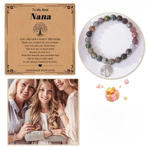 Detailed views of purple agate Tree of Life bracelet with a gift card for grandma