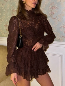 Detail of high neck lantern sleeves and layered mesh cake skirt on dark brown lace set