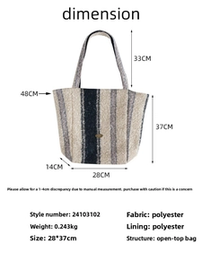 Detailed size chart for large wool tote bag with dimensions and technical specifications