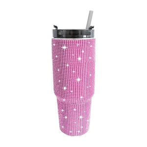 Pink rhinestone tumbler with star pattern, 20/30oz vacuum insulated stainless steel cup