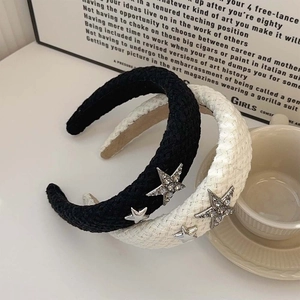 French vintage wide star headband with sparkling rhinestones in black and cream beige