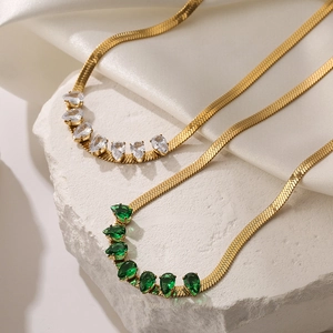 Stainless Steel Zirconia Necklace For Women Gold Plated Flat Snake Chain Water Drop Crystal Clavicle Jewelry Vintage
