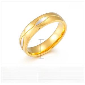 Detailed view of 5mm gold stainless steel ring with silver spindle pattern and lathe finish
