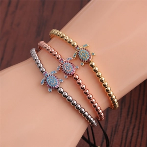 Sea Turtle Charm Bead Bracelet Copper Micro Paved Zirconia Adjustable Fashion Jewelry For Women Beach Style