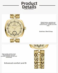 Detail view of gold vintage ladies watch featuring stainless steel mesh band and small dial