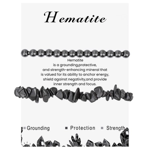 Detail of 6mm hematite bracelet set with round beads and irregular stone chips on card