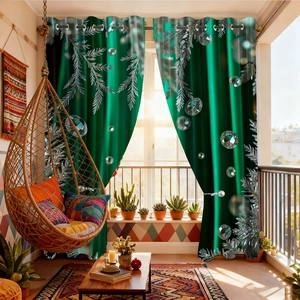 Dark green festive curtains with silver pine needles and grommet top for living room