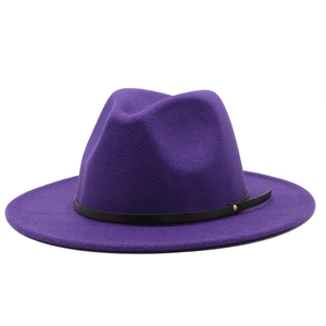 Classic dark purple wool fedora hat with black faux leather belt and gold metal buckle