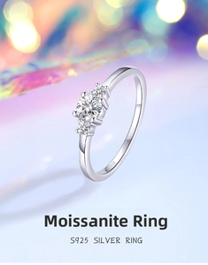 Macro shot of S925 sterling silver stamp on Moissanite three-stone ring inner band