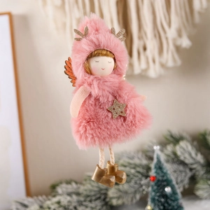 Pink plush angel doll with golden antlers and wings for Christmas tree decoration