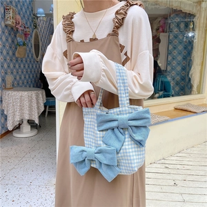 Blue plaid canvas handbag featuring large denim bows in a sweet Japanese style