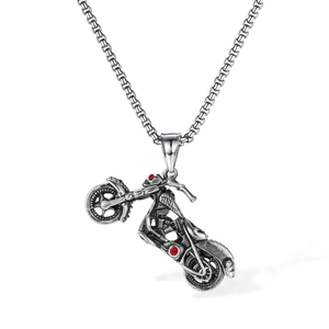 Collier pendentif moto vintage punk en argent antique avec accents rouges et chaîne box