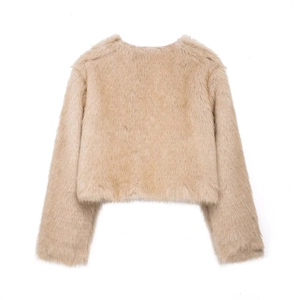 Detail of soft beige faux fur texture on this trendy short-cropped round neck jacket