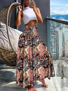 Boheemse lange rok met hoge taille en pauwenveerprint voor een zomerse vakantie