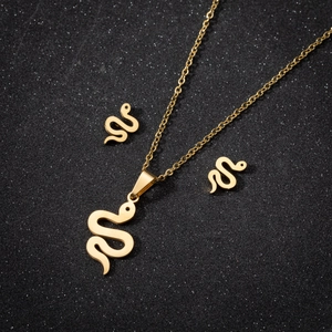 Golden stainless steel jewelry set featuring a S-shaped snake pendant and stud earrings