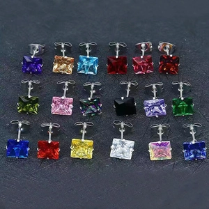 Square cut colorful CZ stainless steel stud earrings set in 18 vibrant color options