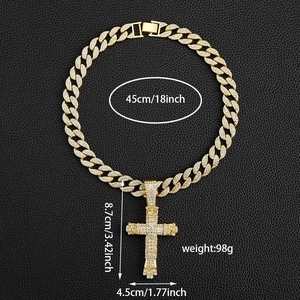 Detail view of iced out gold cross pendant showing dimensions 8.7x4.5cm and 45cm chain