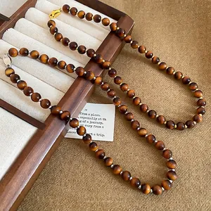 Retro Tiger Eye Stone Beaded Necklace Round Gemstone Clavicle Chain With Metal Spacers For Women Elegant Minimalist