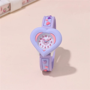 Kids purple heart-shaped watch with colorful embossed silicone strap for girls