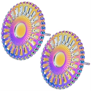 Detail of round rainbow plated 304 stainless steel earrings with radial texture finish