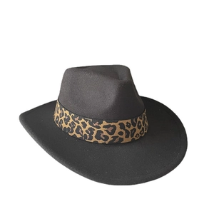 Classic black wool felt jazz fedora hat with leopard print band for men and women
