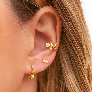 S925 silver needle bee earring set with gold cuff and bamboo hoop for women