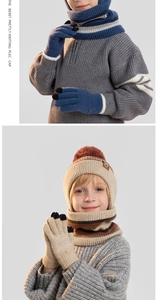 Detailed view of kids knitted winter set including hat scarf and touchscreen gloves