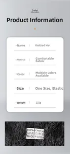 Detail view of 115g acrylic knit beanie with 100% acrylic material tag and gray fabric