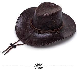 Detail of dark brown western cowboy hat with leaf texture embossing and braided band