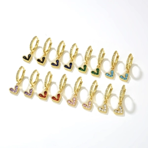 Heart Pendant Hoop Earrings Copper Gold Plated With Colorful Cubic Zirconia Retro Dainty Jewelry