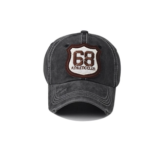 Distressed washed denim baseball cap featuring 68 athletic club embroidery and grey finish