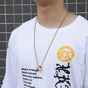 Men's rose gold rotating mantra ring pendant necklace with elegant pearl chain