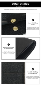 Macro detail of black pebble leather wallet with golden snap button and precise stitching