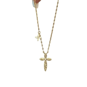 24K gold plated cross necklace with zircon and hollow pattern on white background
