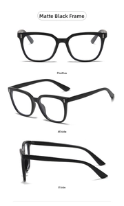 Three views of matte black oversized square glasses frames showing front and side profiles