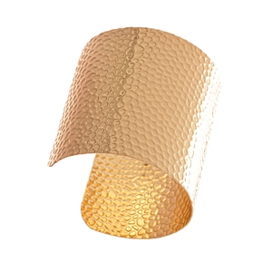 Wide gold open bangle with geometric wrinkled honeycomb texture and minimalist metallic design