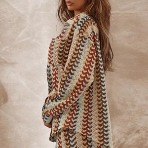 Relaxed fit multicolored crochet long sleeve shirt with wavy pattern and collar