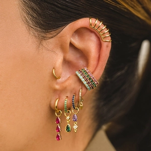 Exaggerated gold-plated ear cuff set with multi-color marquise stones and teardrop pendants