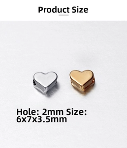 Detailed size specifications for heart shaped spacer beads featuring 2mm hole diameter