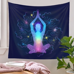 Chakra yoga meditation wall tapestry with luminous human silhouette and celestial starry design